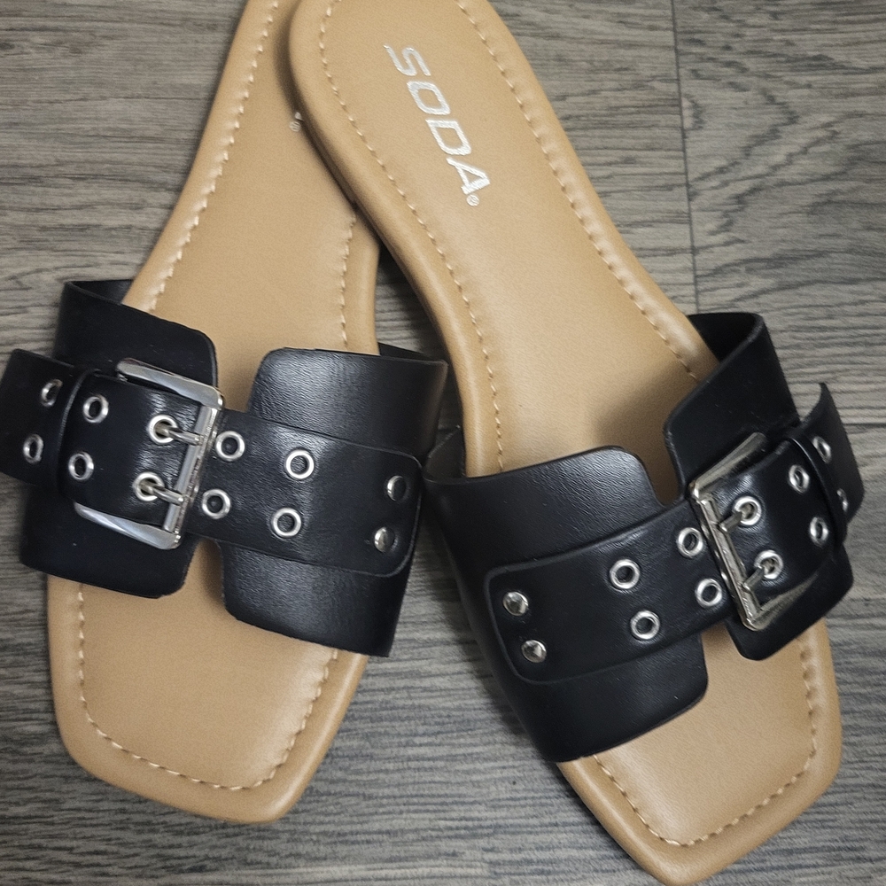 Soda Black and Tan Slide Sandals with Studded Strap